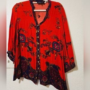 Jones New York Red Printed Button-Front Tunic